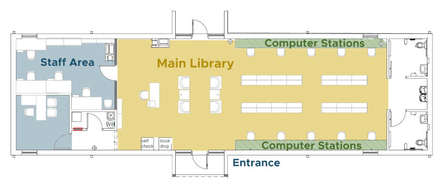 Floor plan diagram depicting main library, computer stations, and staff area